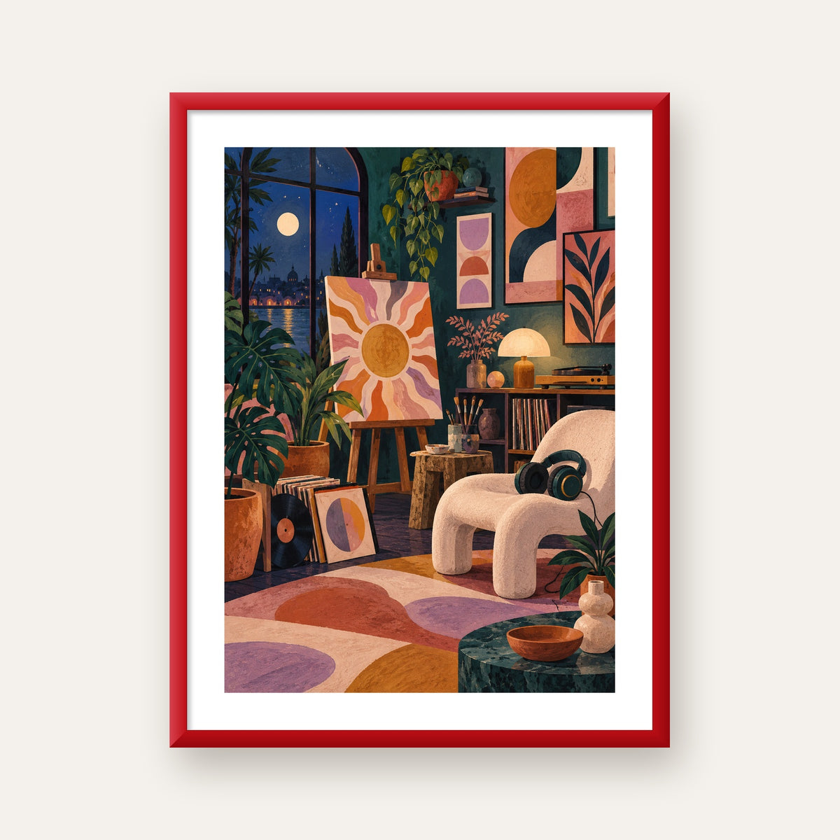Retro Sanat Atölyesi İç Mekan Poster – Şehir ve Ay Işığı Manzaralı — kırmızı çerçeveli paspartulu