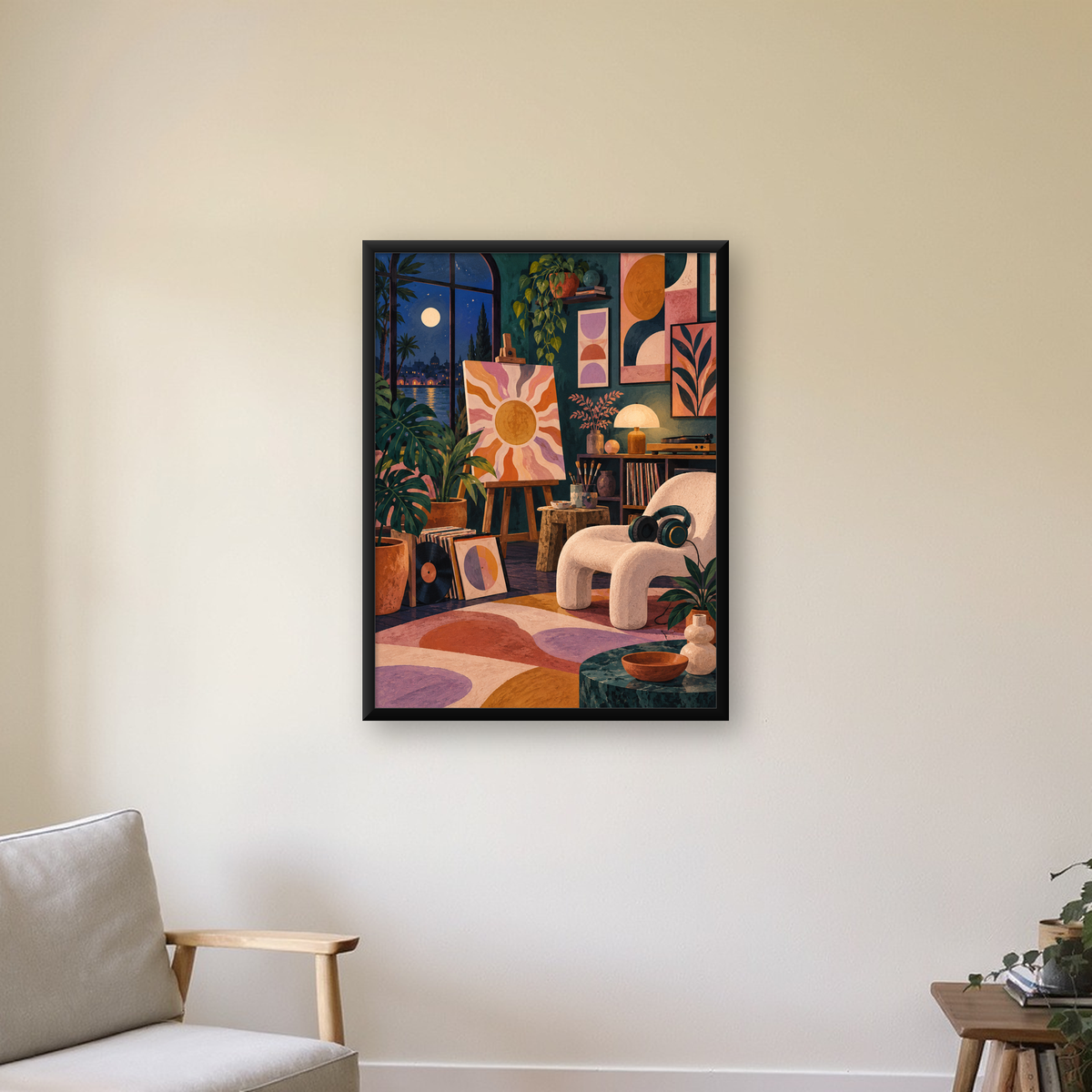 Retro Sanat Atölyesi İç Mekan Poster – Şehir ve Ay Işığı Manzaralı — Dikey baskı, çerçeveli hâliyle bir ev duvarında