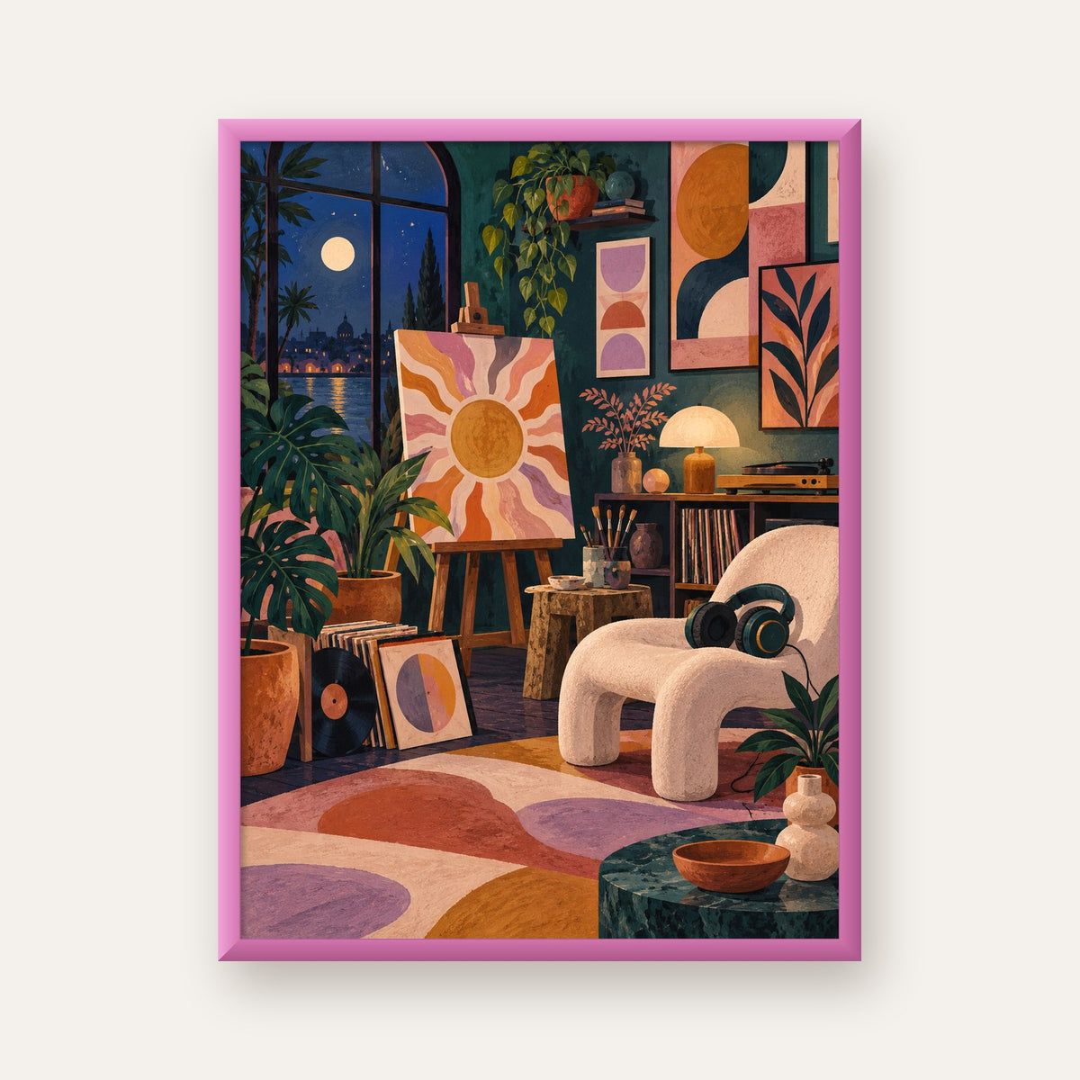 Retro Sanat Atölyesi İç Mekan Poster – Şehir ve Ay Işığı Manzaralı — pembe çerçeveli