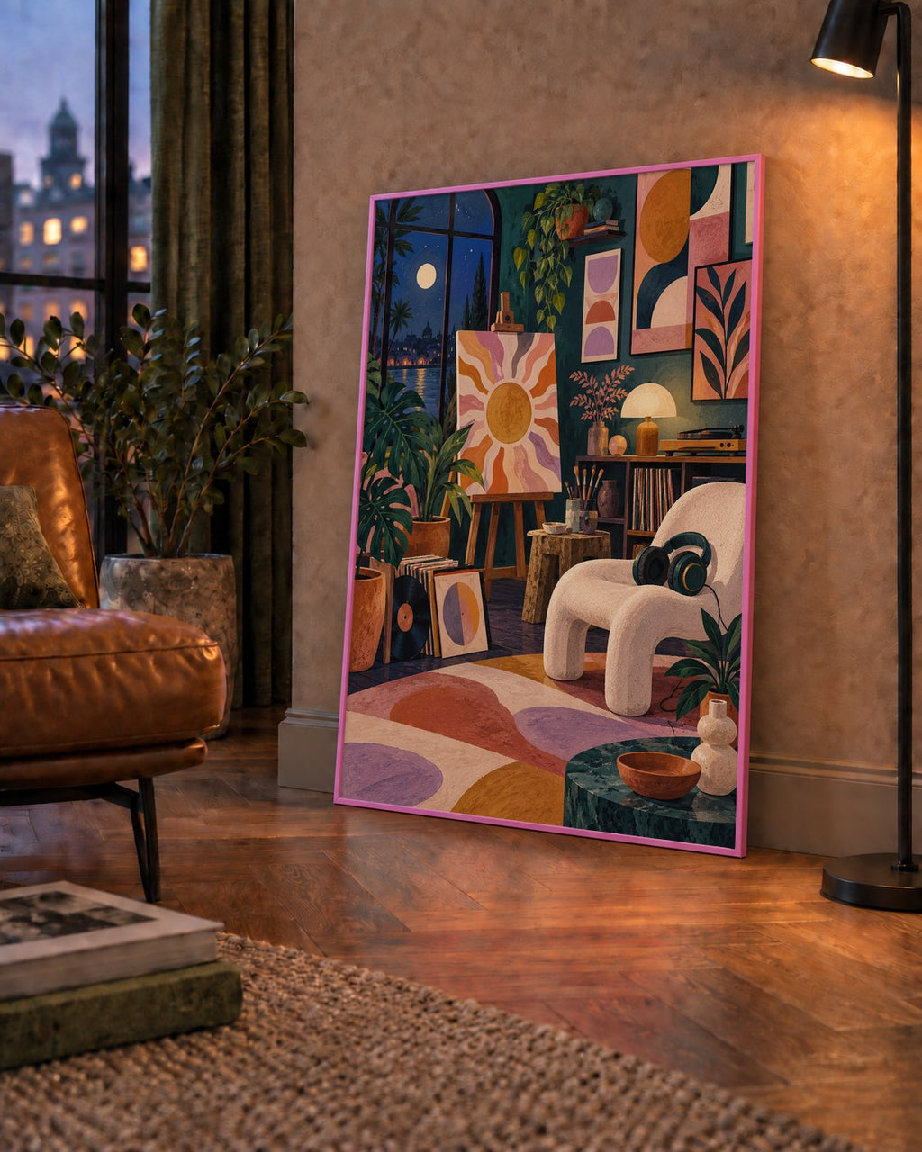 Retro Sanat Atölyesi İç Mekan Poster – Şehir ve Ay Işığı Manzaralı — çerçeveli hâliyle bir ev duvarında