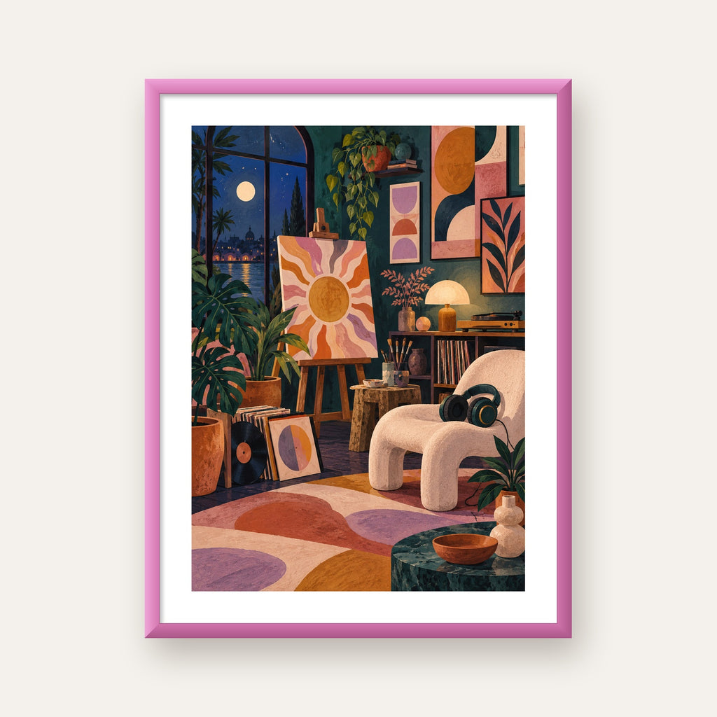 Retro Sanat Atölyesi İç Mekan Poster – Şehir ve Ay Işığı Manzaralı — pembe çerçeveli paspartulu
