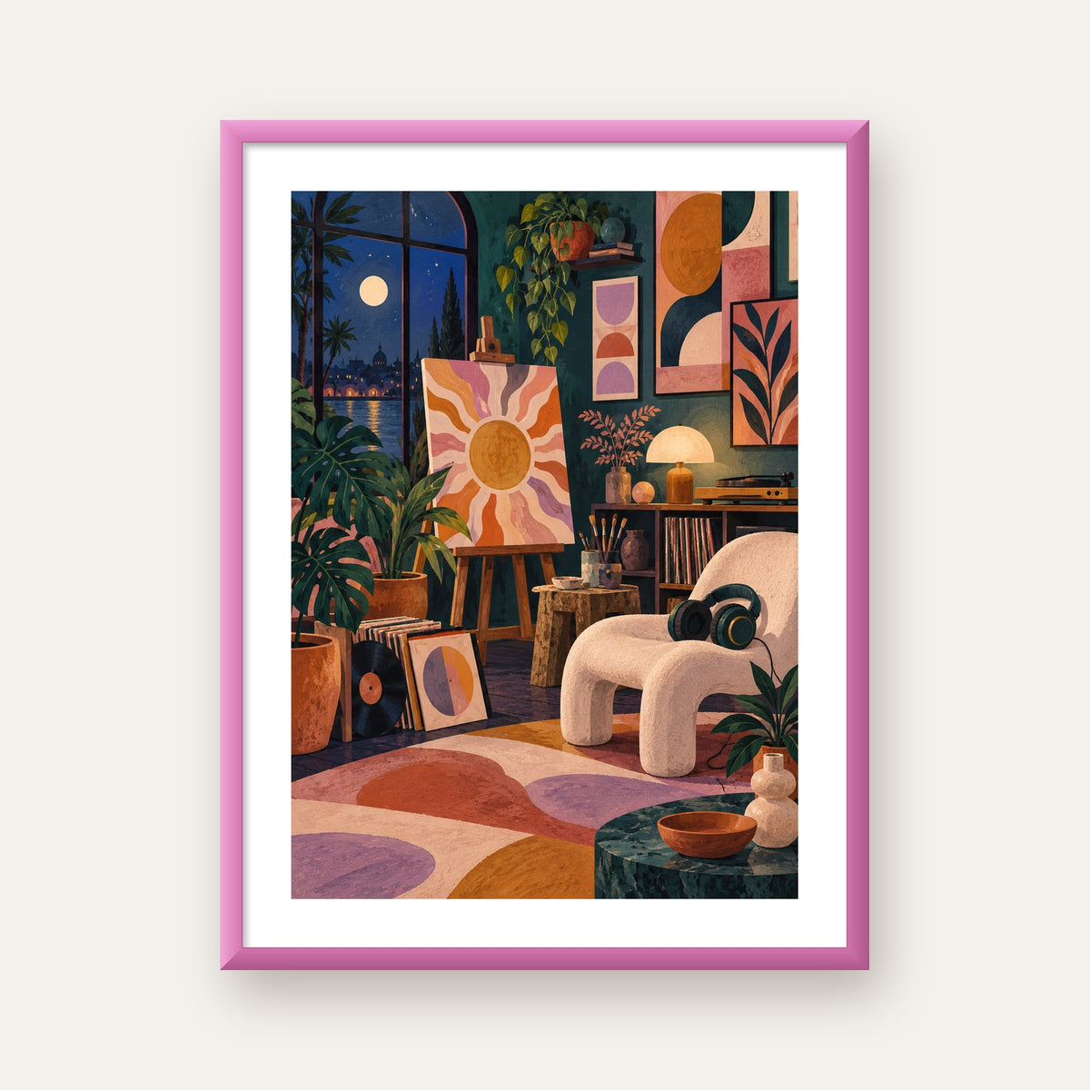 Retro Sanat Atölyesi İç Mekan Poster – Şehir ve Ay Işığı Manzaralı — pembe çerçeveli paspartulu