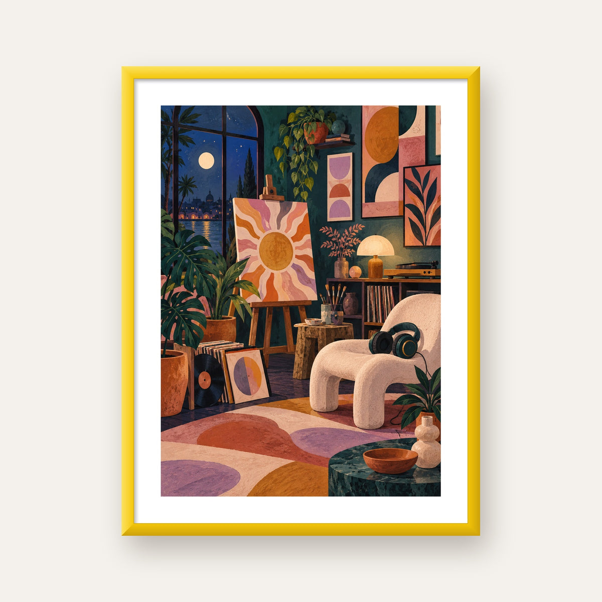 Retro Sanat Atölyesi İç Mekan Poster – Şehir ve Ay Işığı Manzaralı — sarı çerçeveli paspartulu