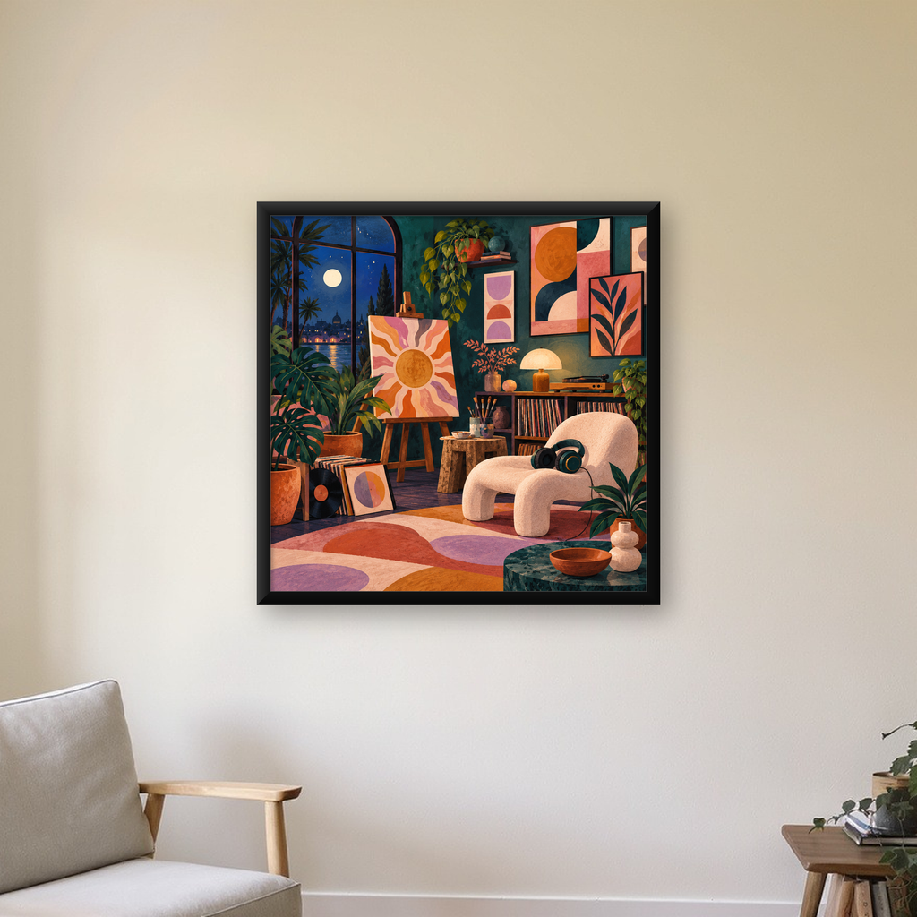 Retro Sanat Atölyesi İç Mekan Poster – Şehir ve Ay Işığı Manzaralı — Kare baskı, çerçeveli hâliyle bir ev duvarında