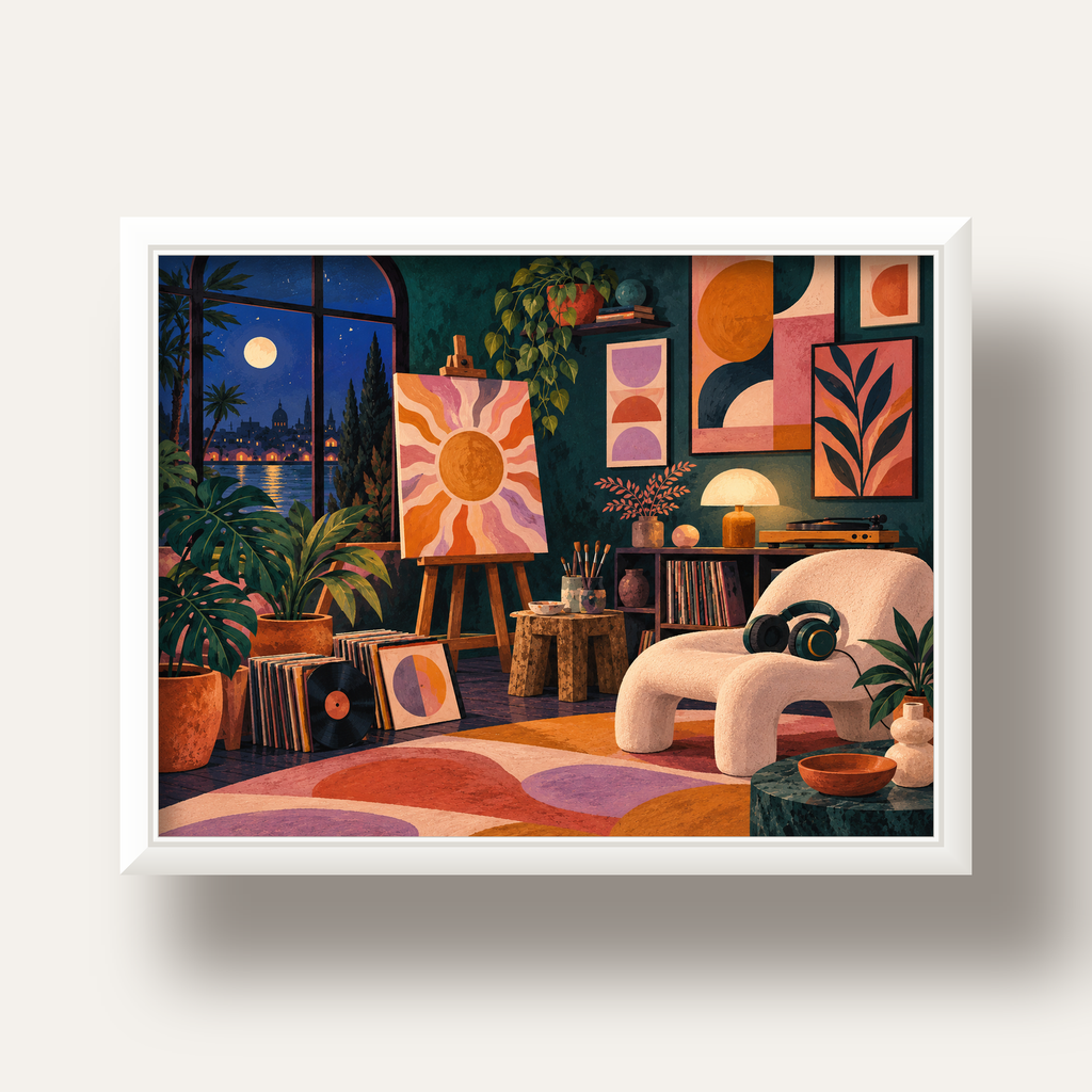 Retro Sanat Atölyesi İç Mekan Poster – Şehir ve Ay Işığı Manzaralı — beyaz derin çerçeveli