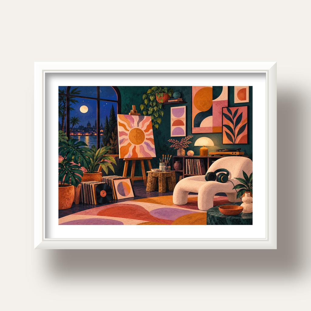 Retro Sanat Atölyesi İç Mekan Poster – Şehir ve Ay Işığı Manzaralı — beyaz derin çerçeveli paspartulu