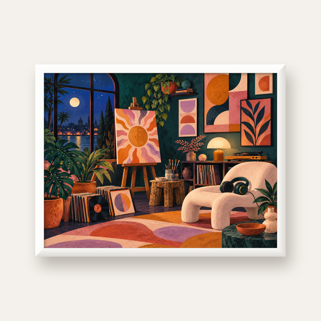 Retro Sanat Atölyesi İç Mekan Poster – Şehir ve Ay Işığı Manzaralı — beyaz çerçeveli yatay poster