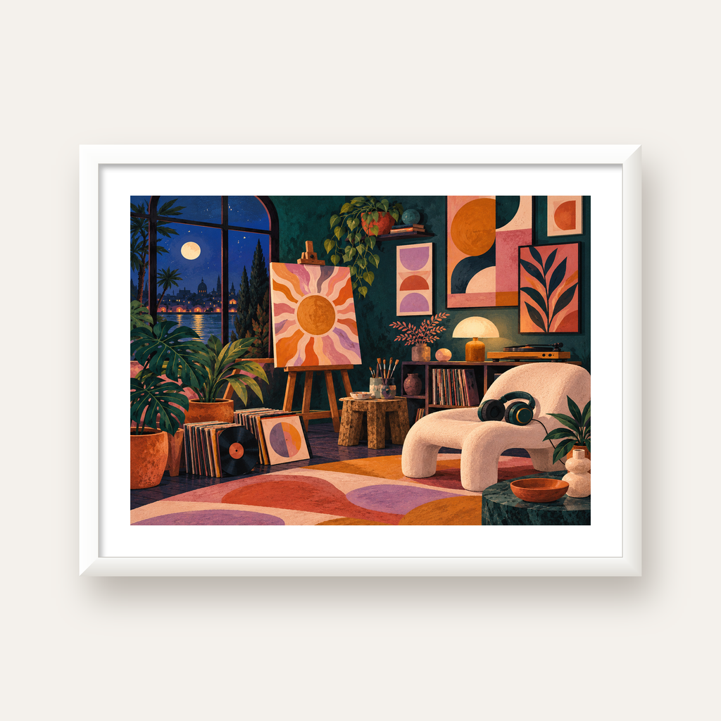 Retro Sanat Atölyesi İç Mekan Poster – Şehir ve Ay Işığı Manzaralı — beyaz çerçeveli yatay poster