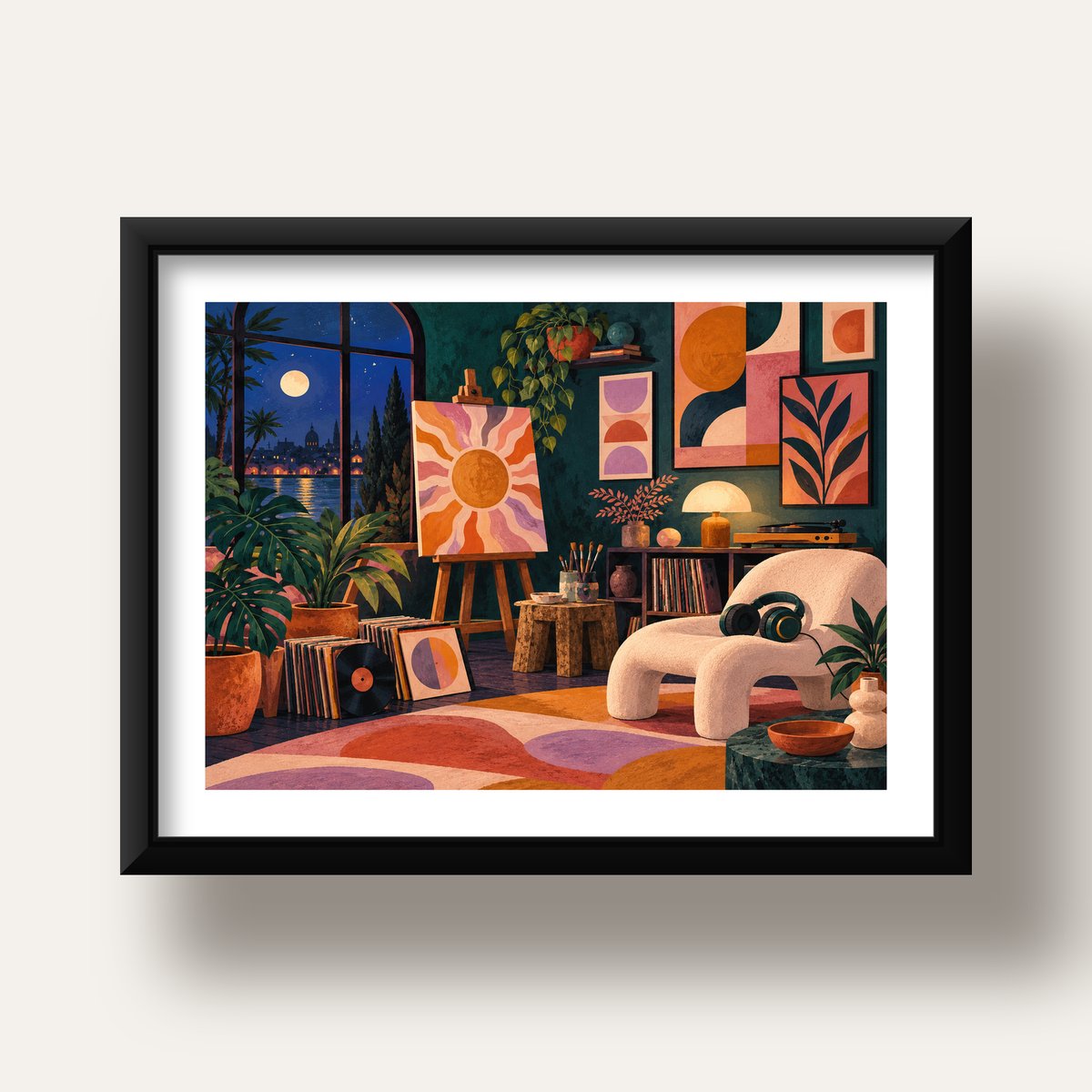 Retro Sanat Atölyesi İç Mekan Poster – Şehir ve Ay Işığı Manzaralı — siyah derin çerçeveli paspartulu