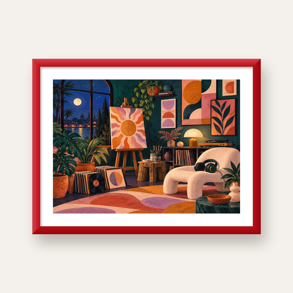 Retro Sanat Atölyesi İç Mekan Poster – Şehir ve Ay Işığı Manzaralı — kırmızı çerçeveli paspartulu