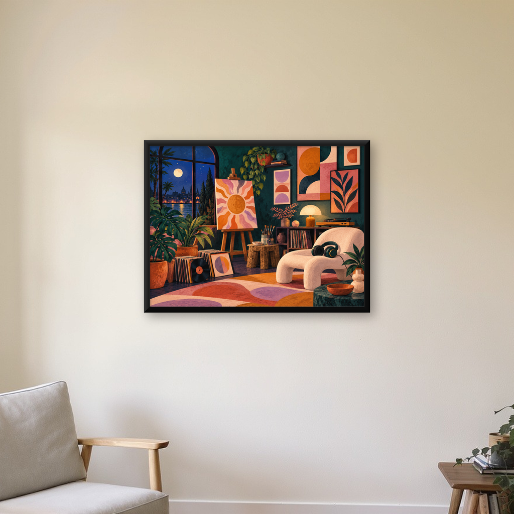 Retro Sanat Atölyesi İç Mekan Poster – Şehir ve Ay Işığı Manzaralı — Yatay baskı, çerçeveli hâliyle bir ev duvarında