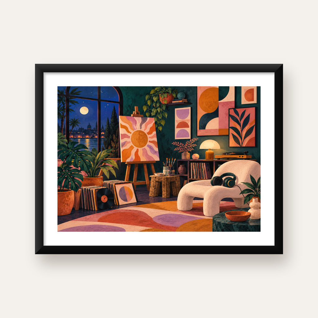 Retro Sanat Atölyesi İç Mekan Poster – Şehir ve Ay Işığı Manzaralı — Yatay baskı, beyaz paspartulu
