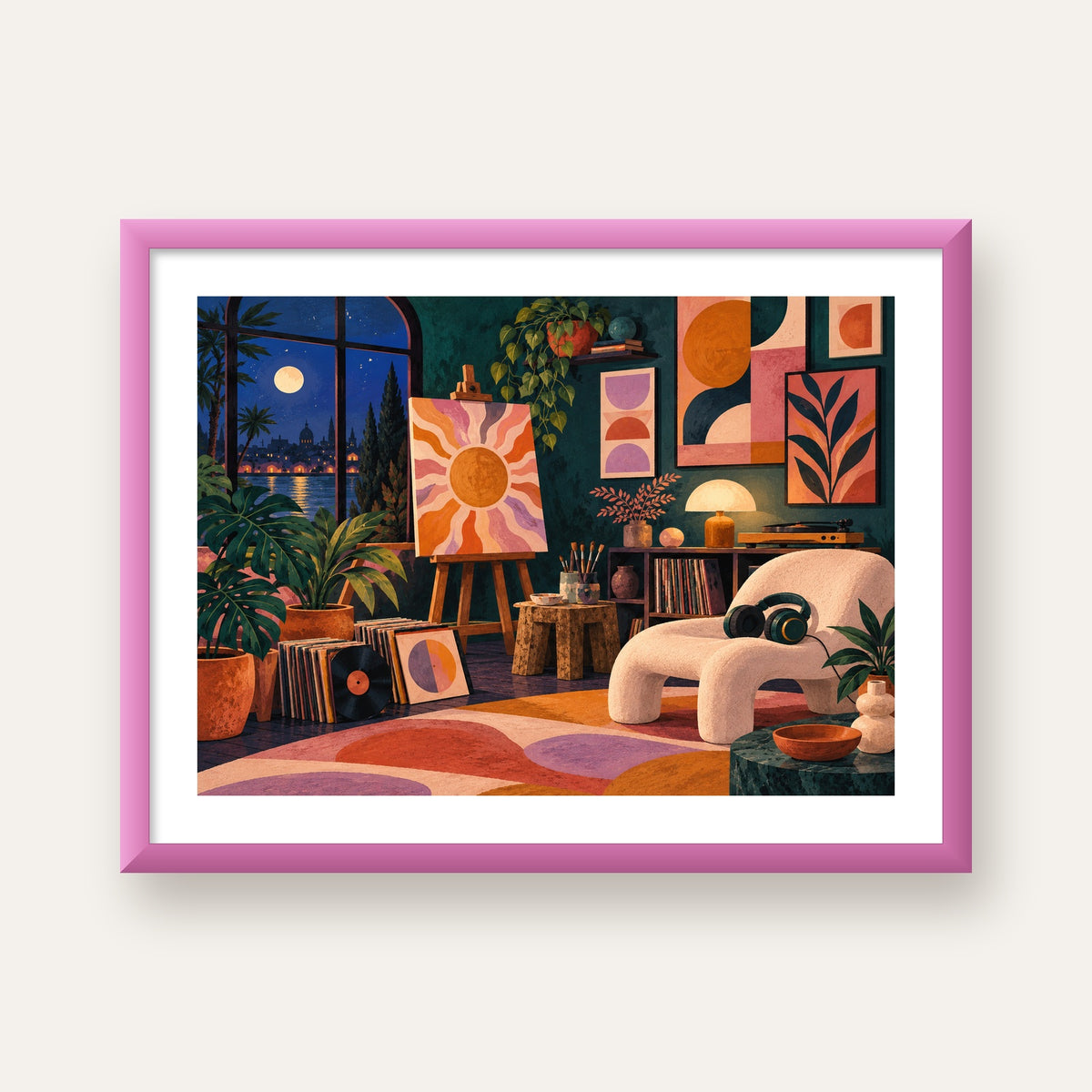 Retro Sanat Atölyesi İç Mekan Poster – Şehir ve Ay Işığı Manzaralı — pembe çerçeveli paspartulu