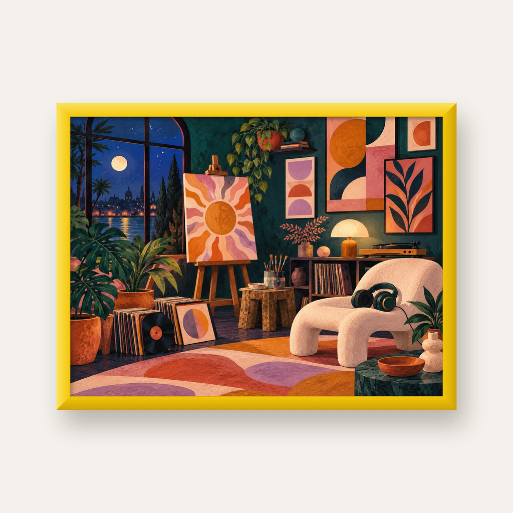 Retro Sanat Atölyesi İç Mekan Poster – Şehir ve Ay Işığı Manzaralı — sarı çerçeveli