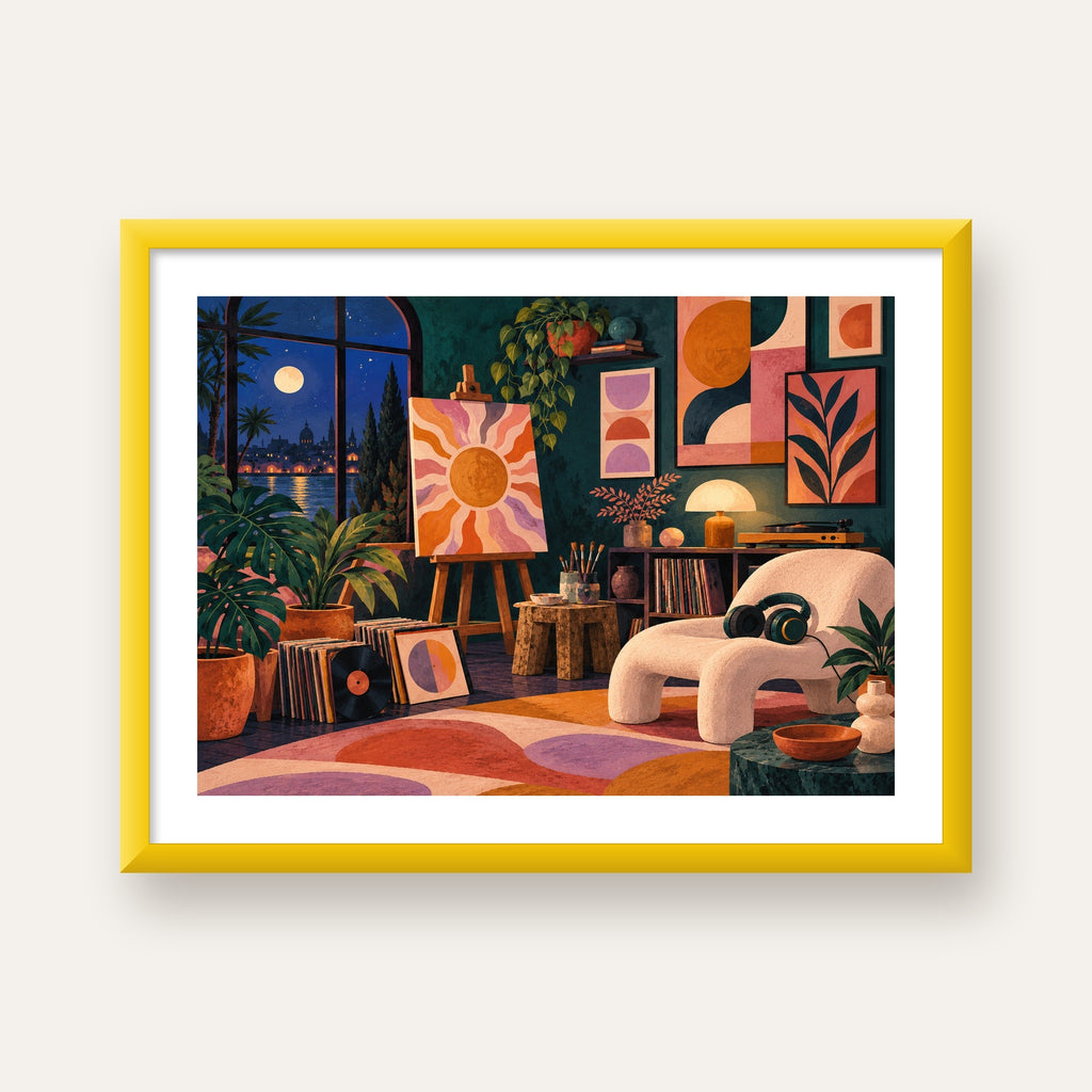 Retro Sanat Atölyesi İç Mekan Poster – Şehir ve Ay Işığı Manzaralı — sarı çerçeveli paspartulu