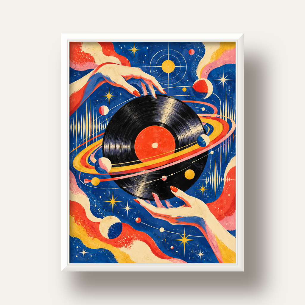 Uzay ve Plak Temalı Retro-Fütüristik Poster Baskı — beyaz derin çerçeveli