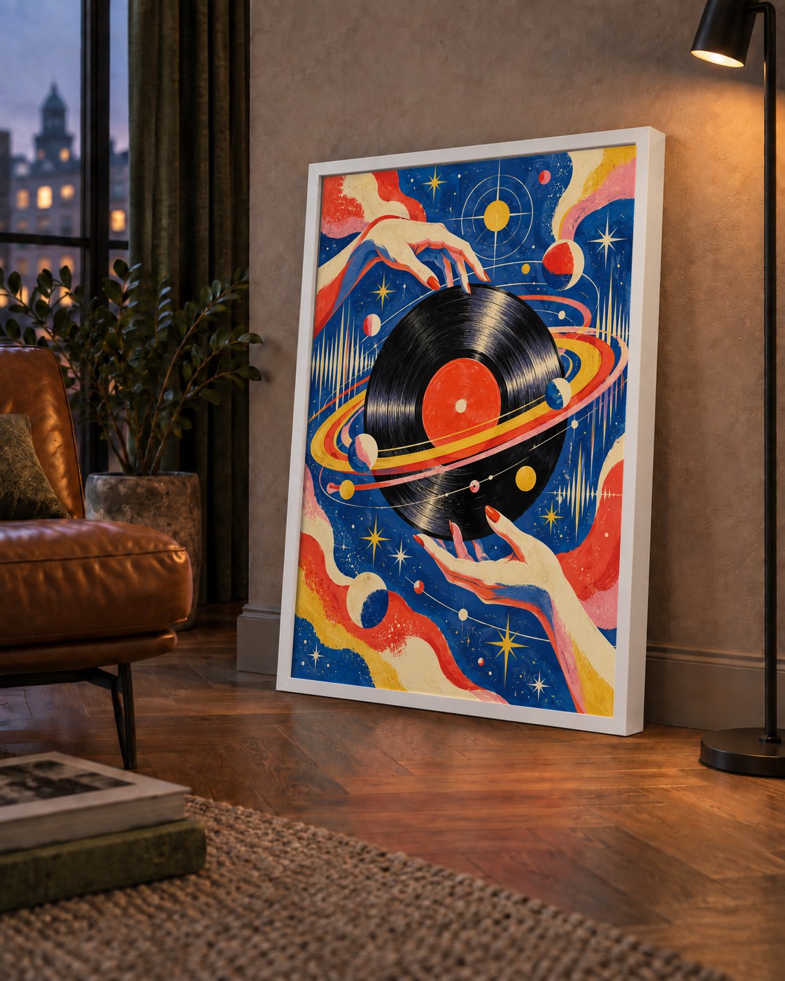 Uzay ve Plak Temalı Retro-Fütüristik Poster Baskı — çerçeveli hâliyle bir ev duvarında