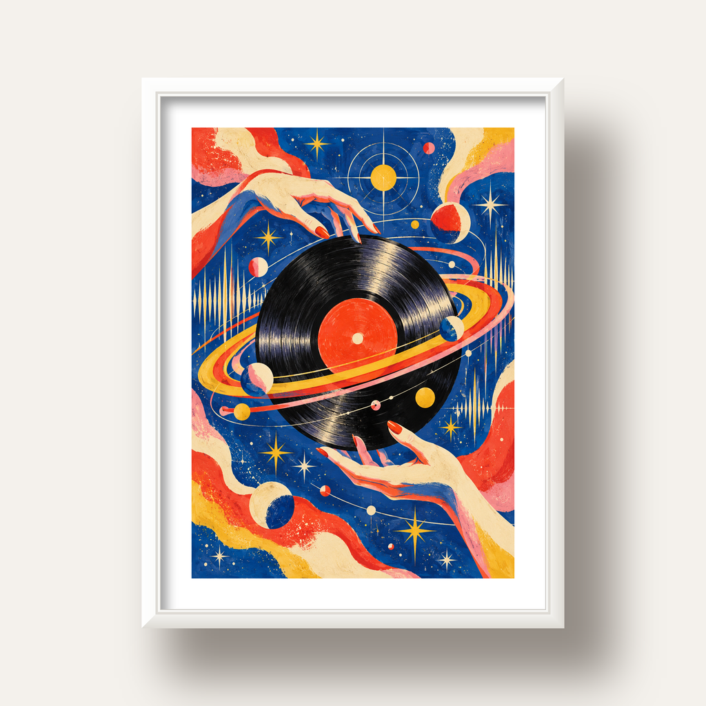 Uzay ve Plak Temalı Retro-Fütüristik Poster Baskı — beyaz derin çerçeveli paspartulu