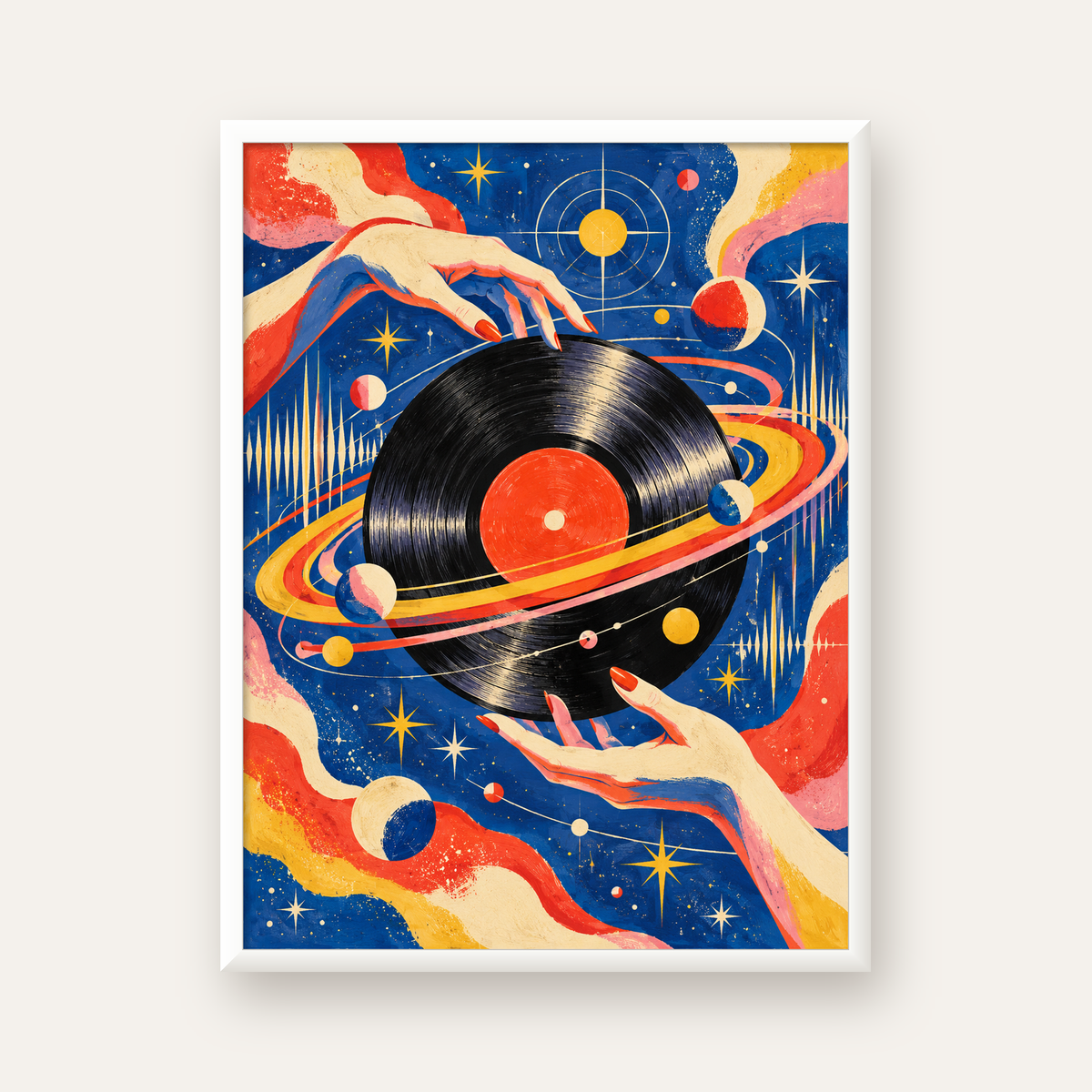 Uzay ve Plak Temalı Retro-Fütüristik Poster Baskı — beyaz çerçeveli dikey poster