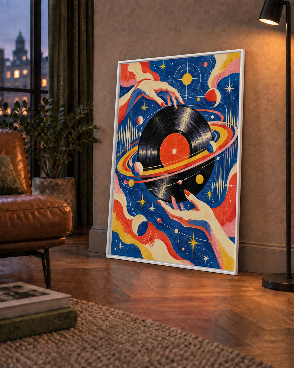Uzay ve Plak Temalı Retro-Fütüristik Poster Baskı — çerçeveli hâliyle bir ev duvarında