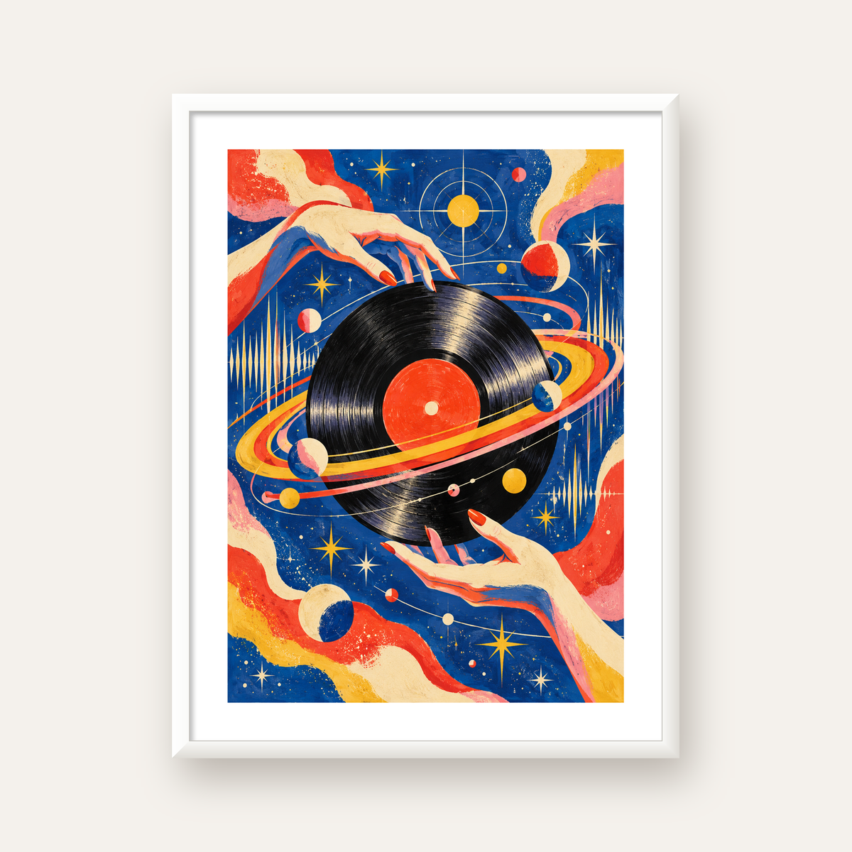 Uzay ve Plak Temalı Retro-Fütüristik Poster Baskı — beyaz çerçeveli dikey poster