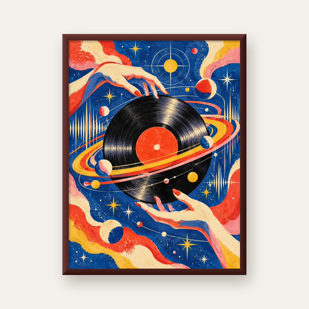 Uzay ve Plak Temalı Retro-Fütüristik Poster Baskı — ceviz çerçeveli