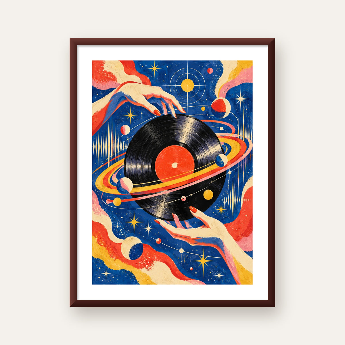 Uzay ve Plak Temalı Retro-Fütüristik Poster Baskı — ceviz çerçeveli paspartulu
