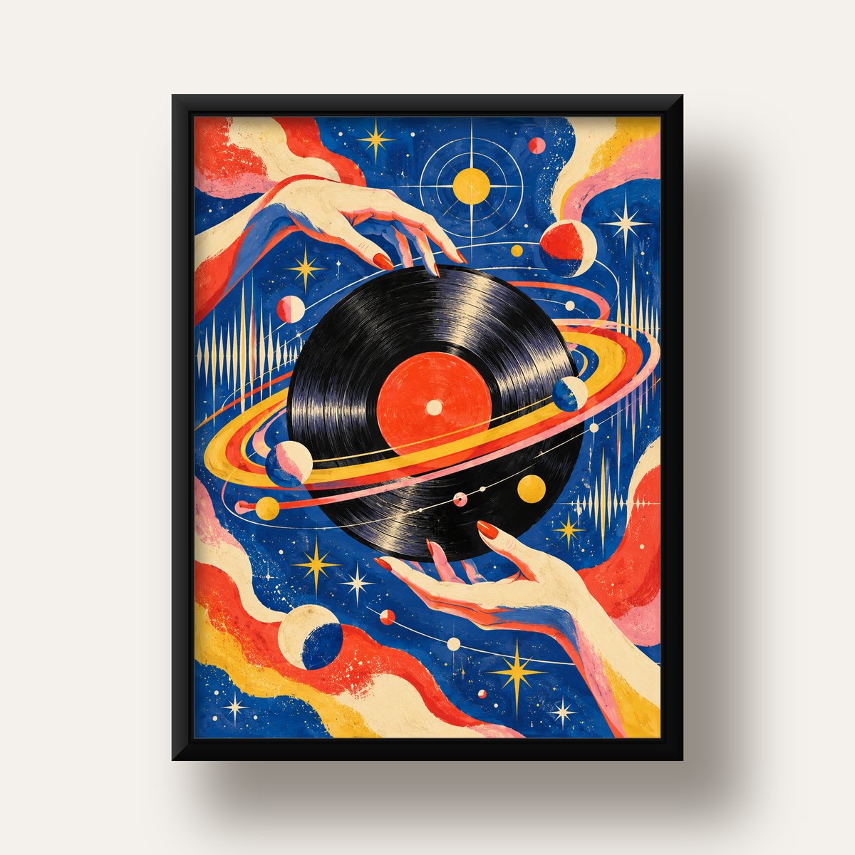 Uzay ve Plak Temalı Retro-Fütüristik Poster Baskı — siyah derin çerçeveli