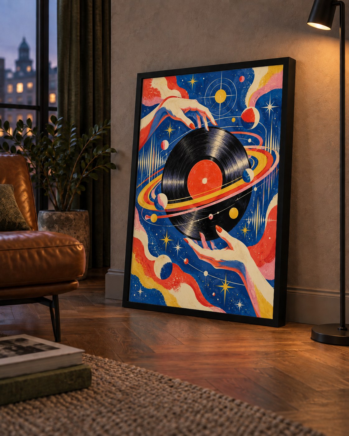 Uzay ve Plak Temalı Retro-Fütüristik Poster Baskı — çerçeveli hâliyle bir ev duvarında