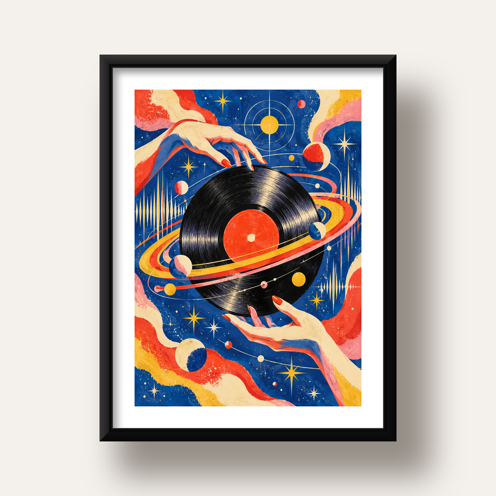 Uzay ve Plak Temalı Retro-Fütüristik Poster Baskı — siyah derin çerçeveli paspartulu
