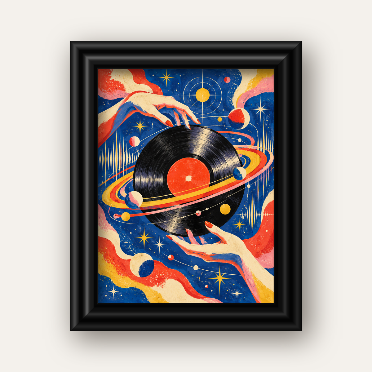 Uzay ve Plak Temalı Retro-Fütüristik Poster Baskı — siyah galeri çerçeveli