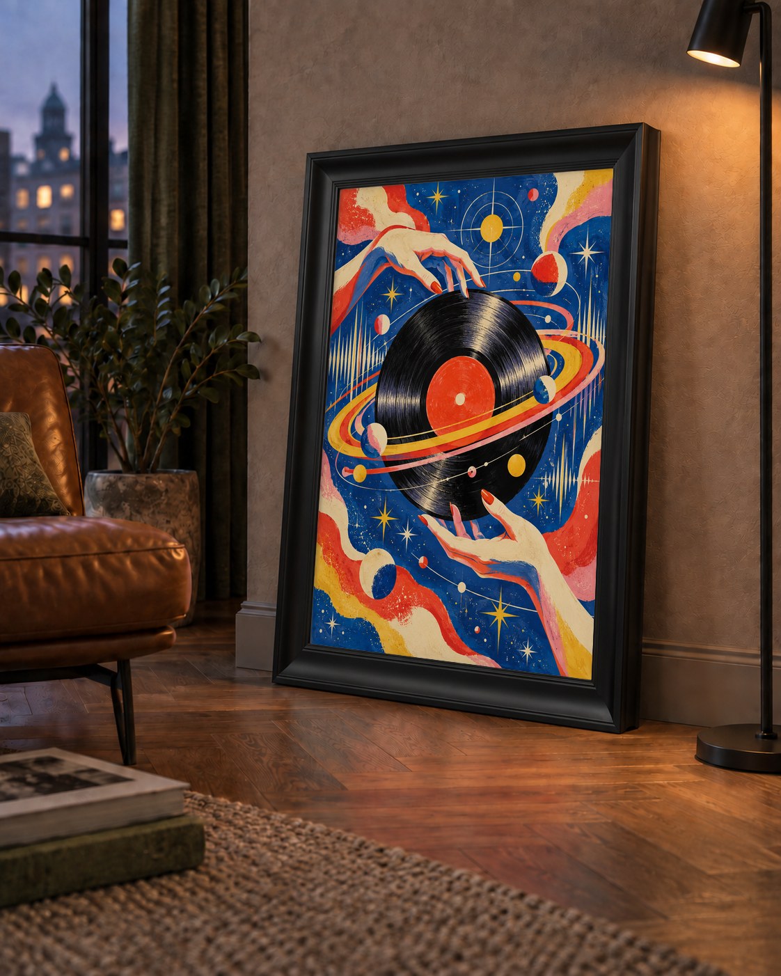 Uzay ve Plak Temalı Retro-Fütüristik Poster Baskı — çerçeveli hâliyle bir ev duvarında