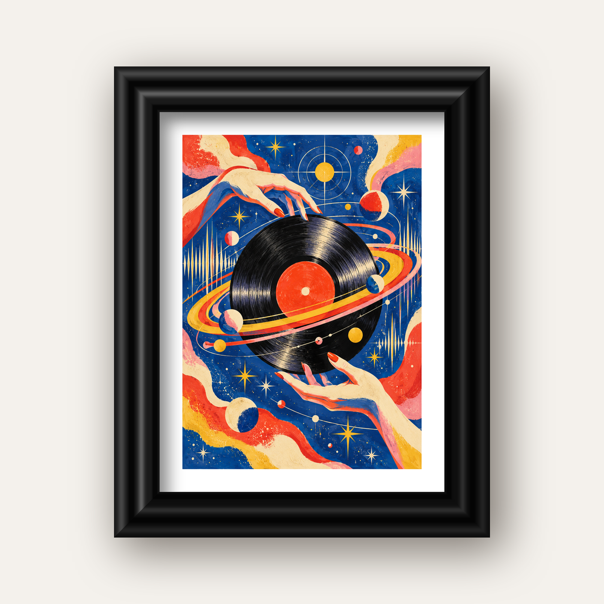 Uzay ve Plak Temalı Retro-Fütüristik Poster Baskı — siyah galeri çerçeveli paspartulu