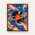 Uzay ve Plak Temalı Retro-Fütüristik Poster Baskı — Dikey baskı, düz siyah çerçeveli duvar posteri