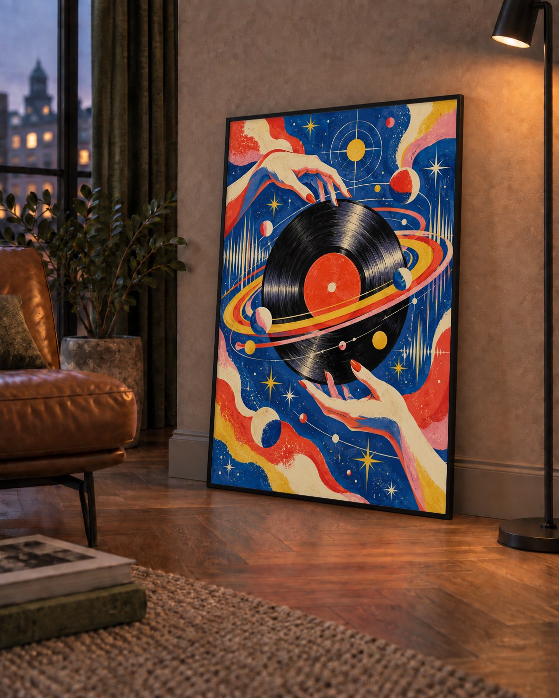 Uzay ve Plak Temalı Retro-Fütüristik Poster Baskı — çerçeveli hâliyle bir ev duvarında