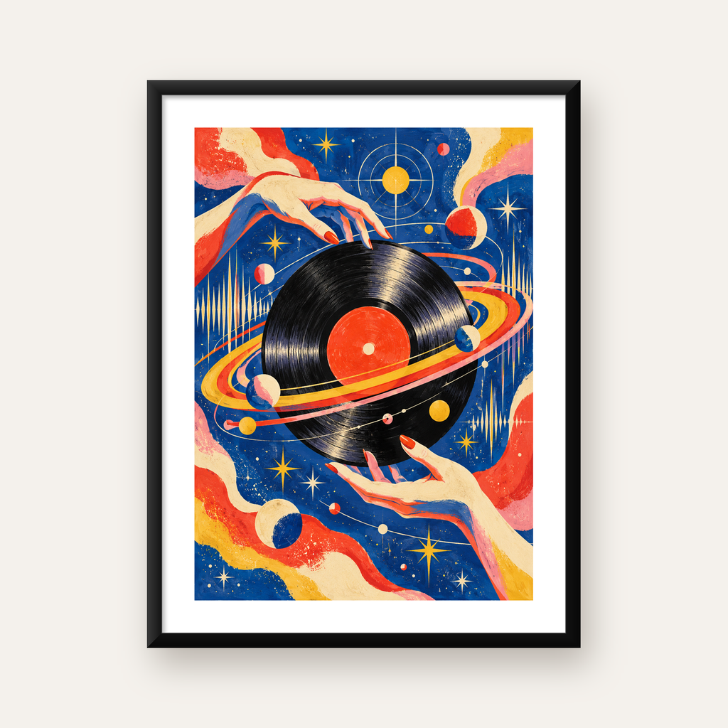 Uzay ve Plak Temalı Retro-Fütüristik Poster Baskı — Dikey baskı, beyaz paspartulu