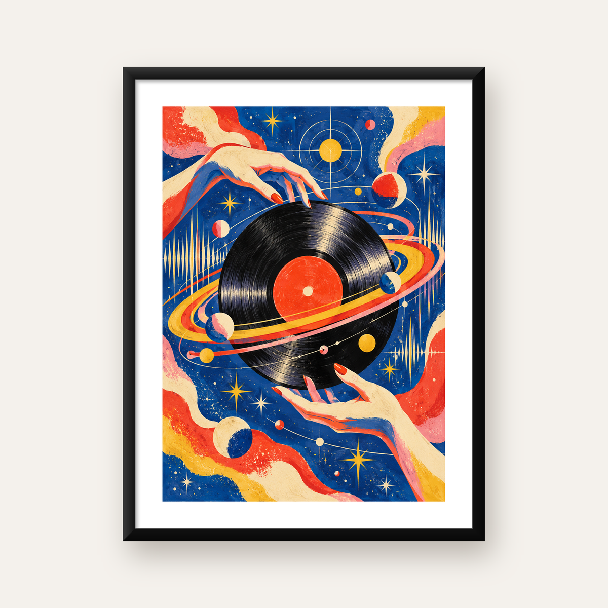 Uzay ve Plak Temalı Retro-Fütüristik Poster Baskı — Dikey baskı, beyaz paspartulu
