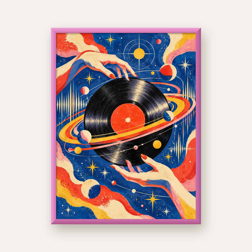Uzay ve Plak Temalı Retro-Fütüristik Poster Baskı — pembe çerçeveli
