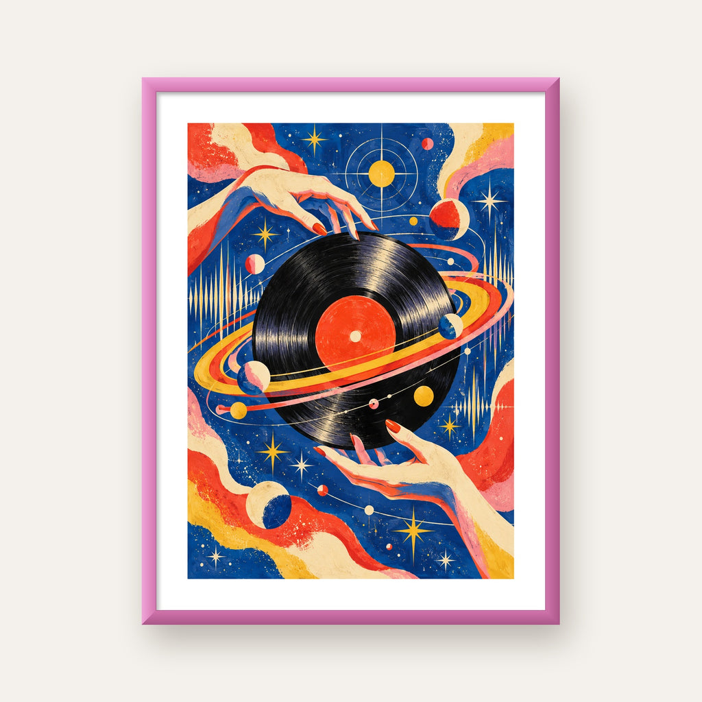 Uzay ve Plak Temalı Retro-Fütüristik Poster Baskı — pembe çerçeveli paspartulu