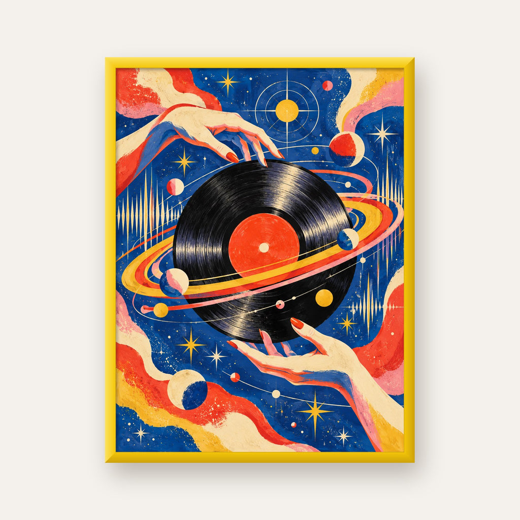 Uzay ve Plak Temalı Retro-Fütüristik Poster Baskı — sarı çerçeveli