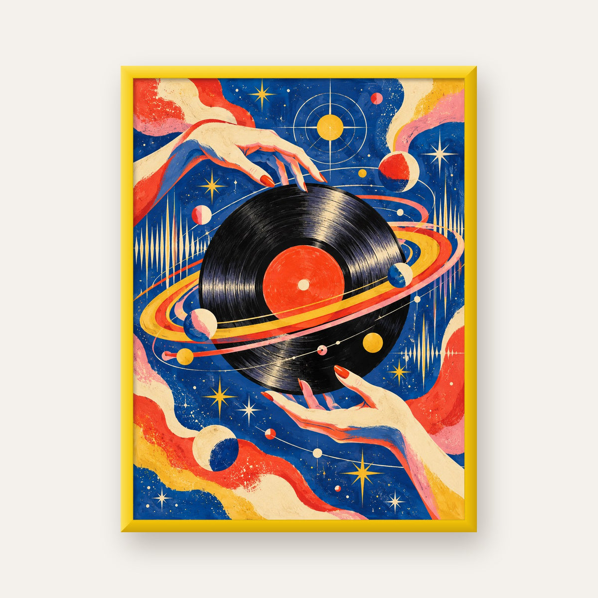 Uzay ve Plak Temalı Retro-Fütüristik Poster Baskı — sarı çerçeveli