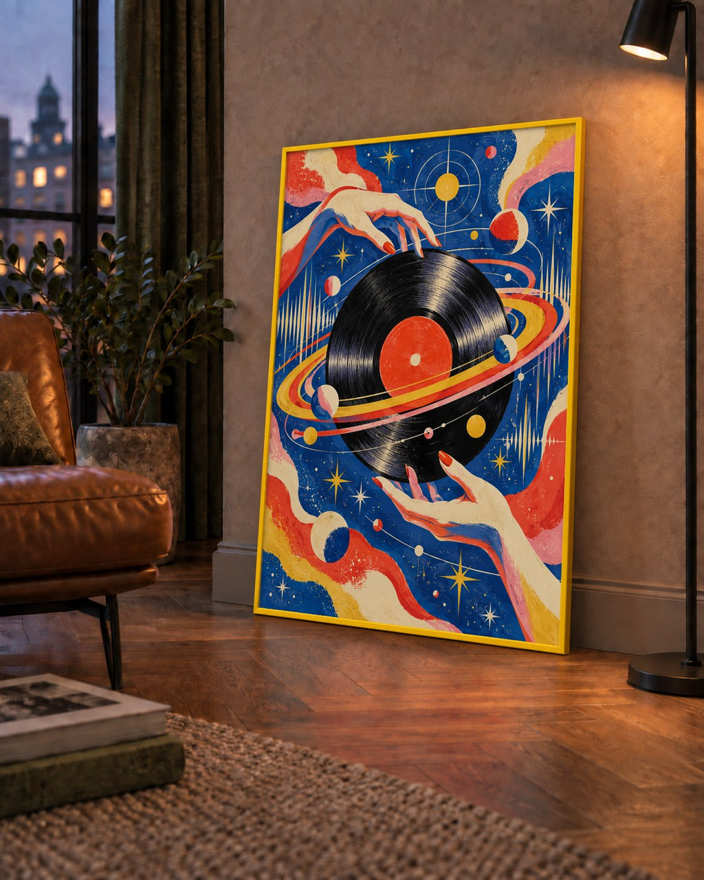 Uzay ve Plak Temalı Retro-Fütüristik Poster Baskı — çerçeveli hâliyle bir ev duvarında