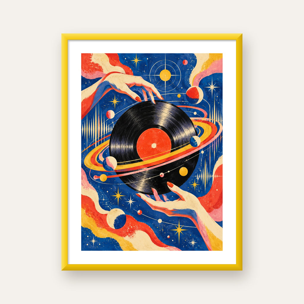 Uzay ve Plak Temalı Retro-Fütüristik Poster Baskı — sarı çerçeveli paspartulu