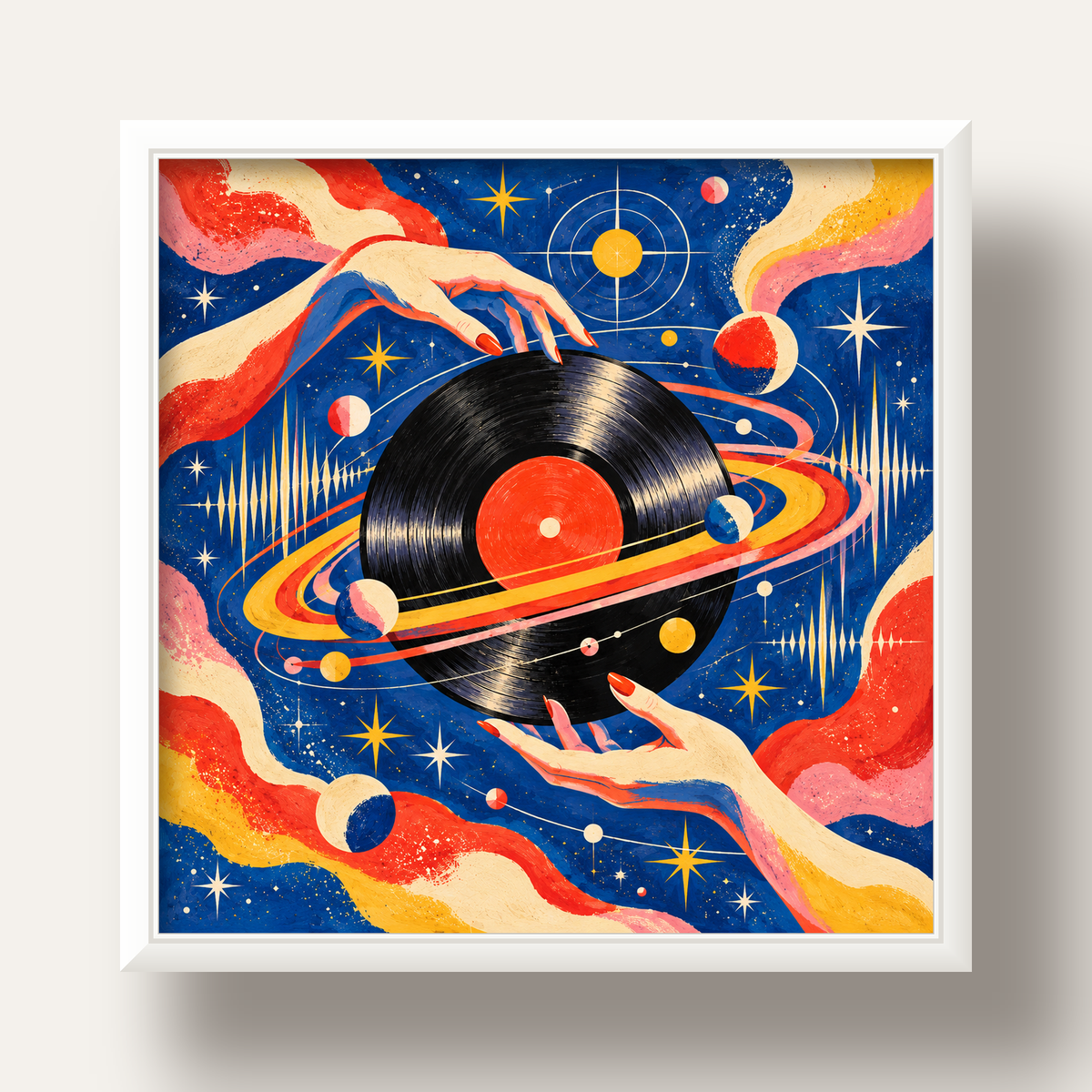 Uzay ve Plak Temalı Retro-Fütüristik Poster Baskı — beyaz derin çerçeveli