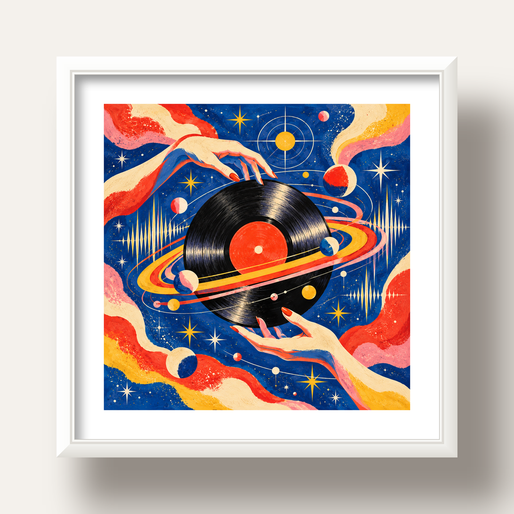 Uzay ve Plak Temalı Retro-Fütüristik Poster Baskı — beyaz derin çerçeveli paspartulu