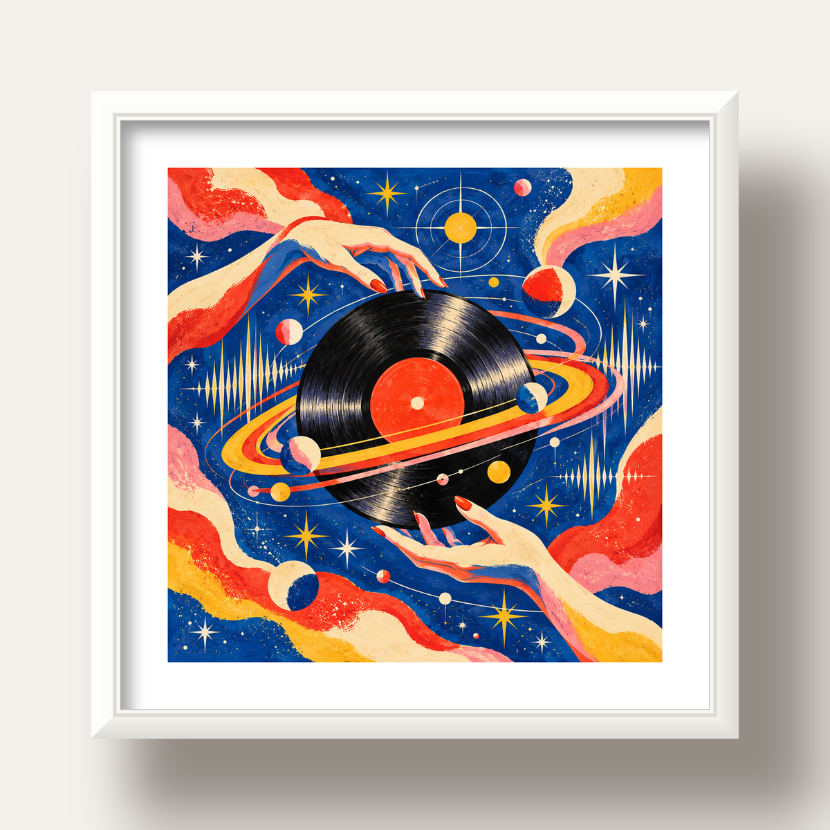 Uzay ve Plak Temalı Retro-Fütüristik Poster Baskı — beyaz derin çerçeveli paspartulu