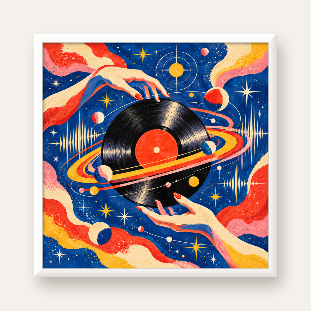 Uzay ve Plak Temalı Retro-Fütüristik Poster Baskı — beyaz çerçeveli kare poster