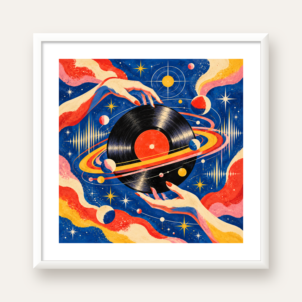 Uzay ve Plak Temalı Retro-Fütüristik Poster Baskı — beyaz çerçeveli kare poster