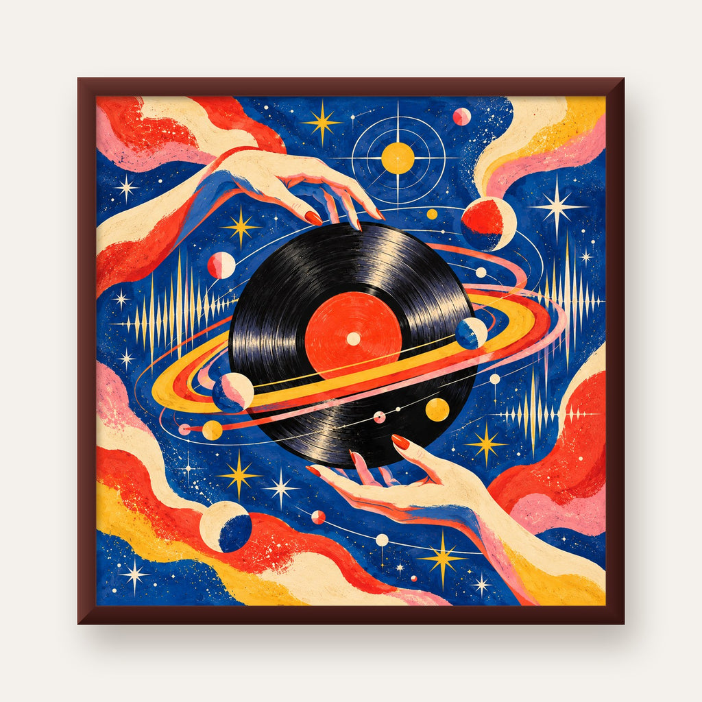 Uzay ve Plak Temalı Retro-Fütüristik Poster Baskı — ceviz çerçeveli