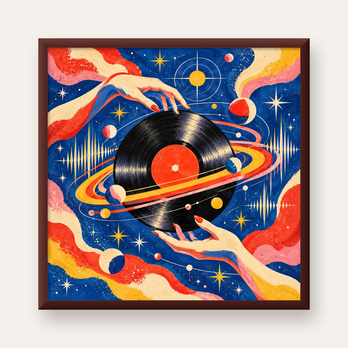 Uzay ve Plak Temalı Retro-Fütüristik Poster Baskı — ceviz çerçeveli
